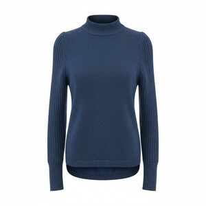 Nanette Lepore Shimmer Lurex Mock Neck Sweater XS Blue Puffed Shoulder Ribbed
